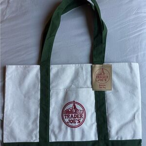 Limited Edition TJ Trader Joe's Large Green, Cream, Crème, White Tote Bag